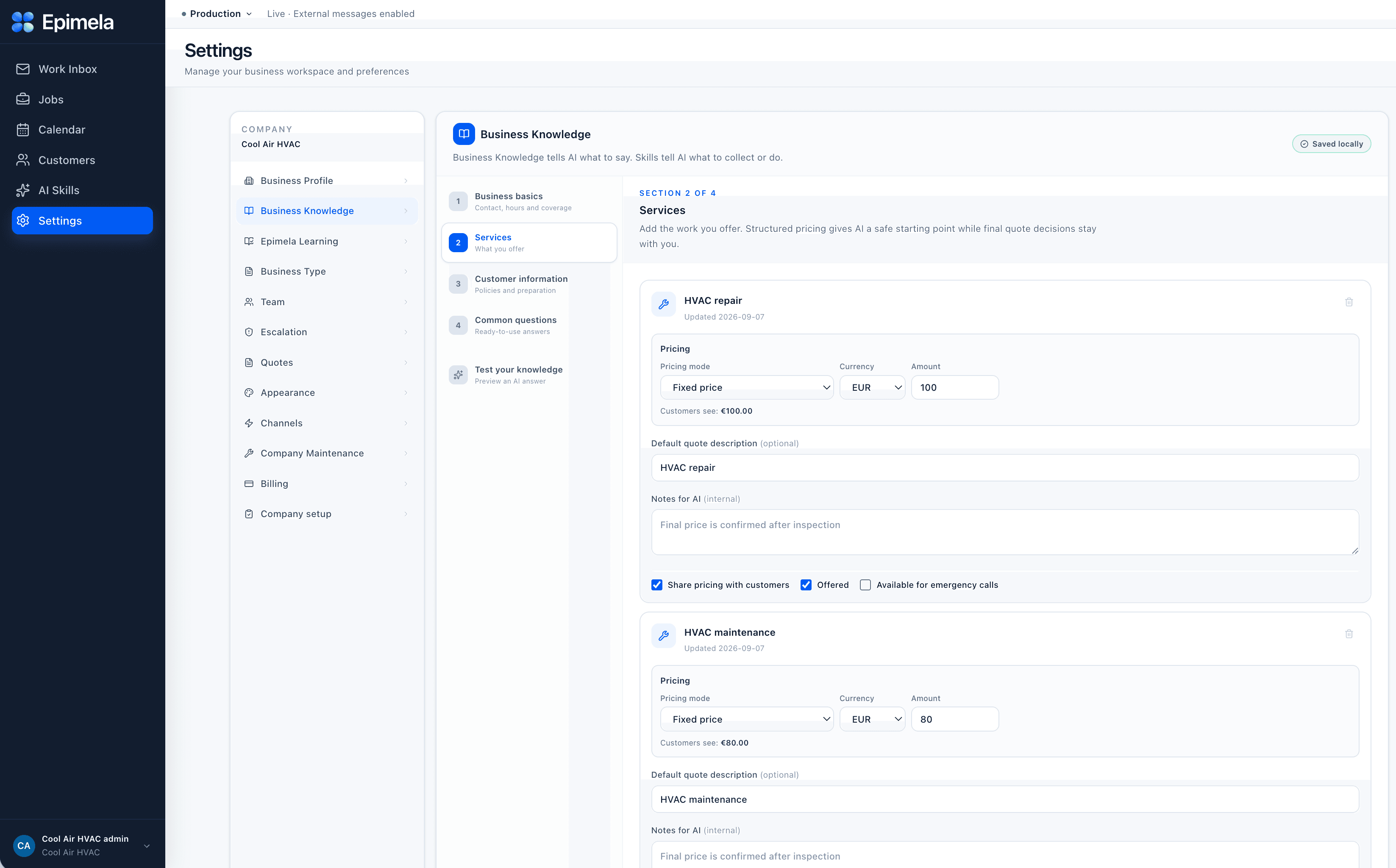 Epimela Business Knowledge settings for company-specific guidance
