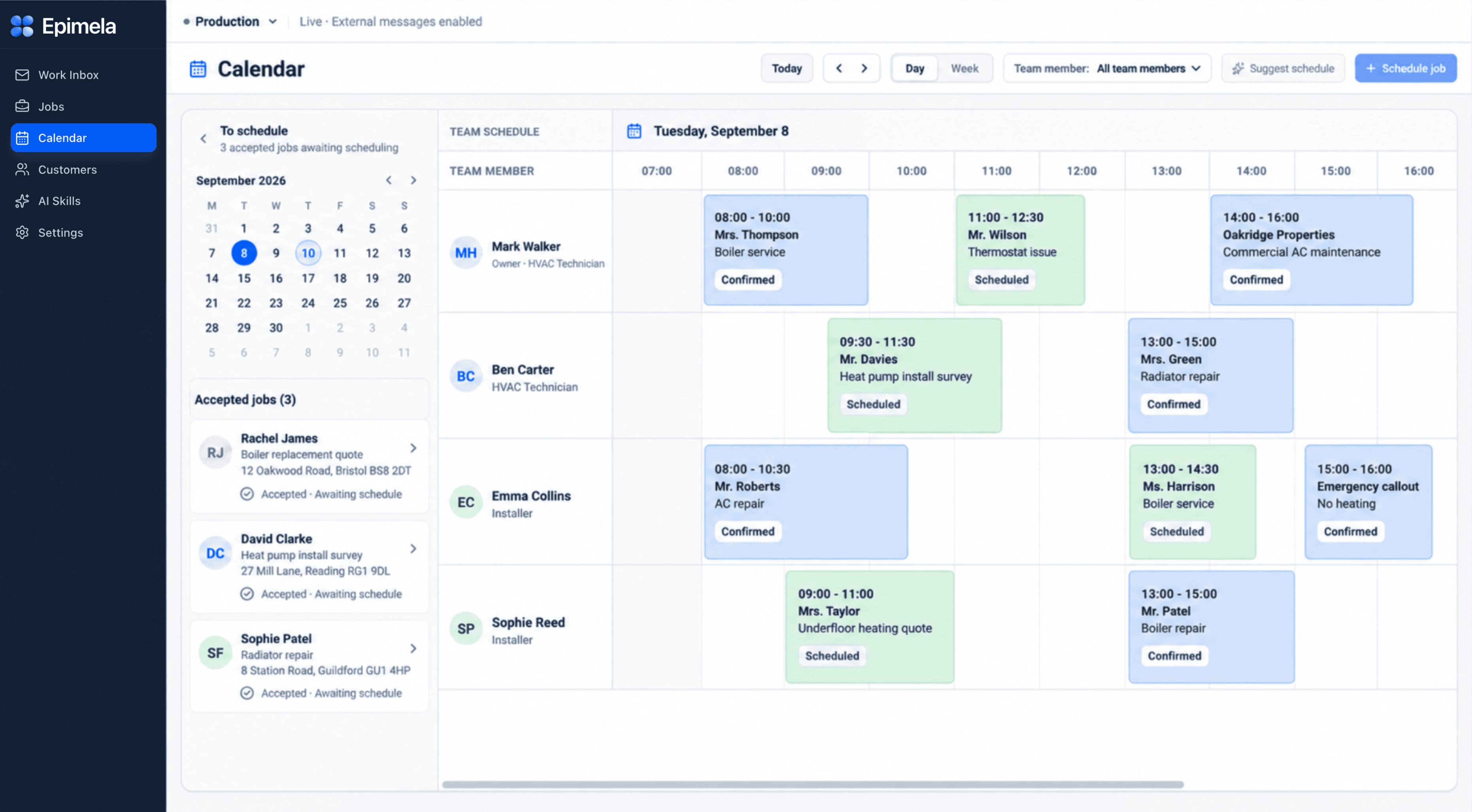 Epimela team Calendar showing scheduled work across the day